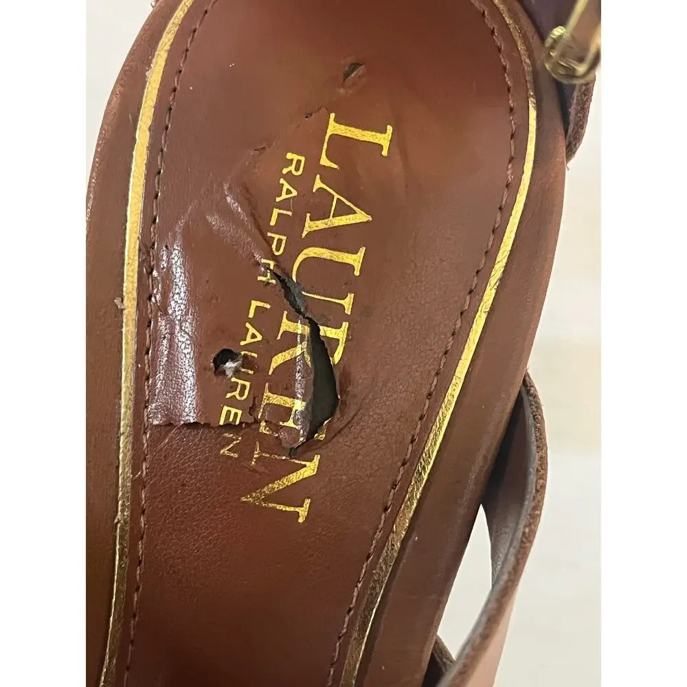 Women's Lauren Ralph Lauren Stasia Brown Leather Strappy Sandals Heels Sz 7.5